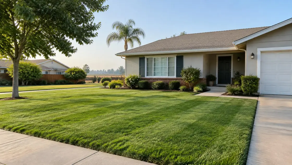 Mowed lawn and clean edges illustrating residential lawn care for Modesto, CA homes and businesses