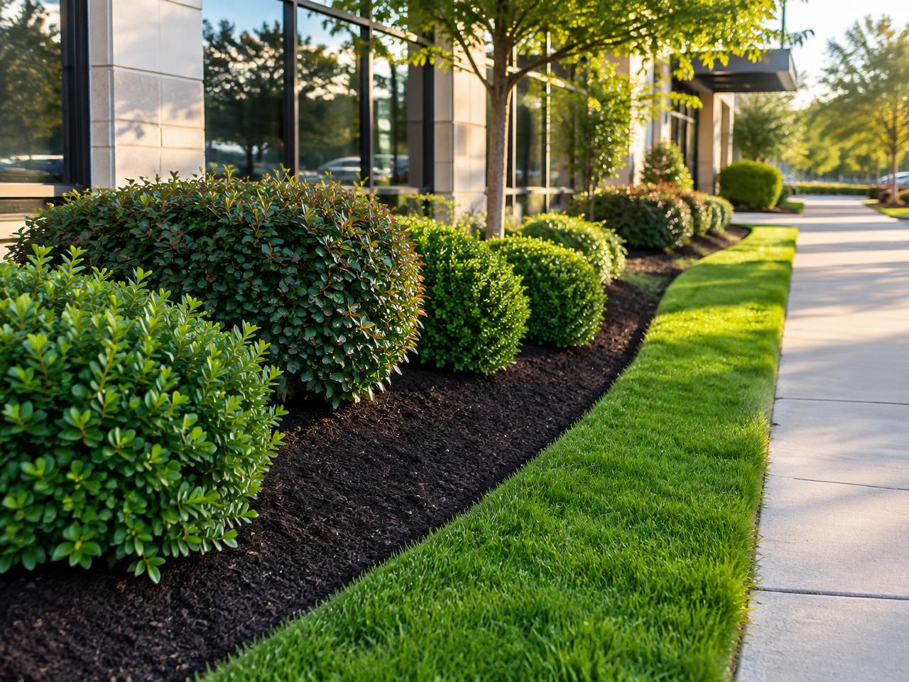 Trimmed shrubs and fresh mulch at a commercial property